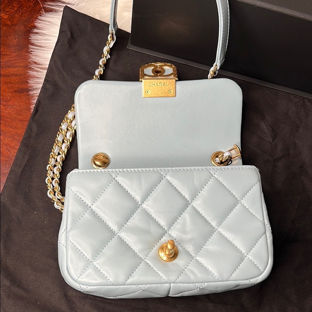 Chanel Blue Quilted Mini Flap Leather Bag Gold Box, Dust Bag NWT - Picture 11 of 17